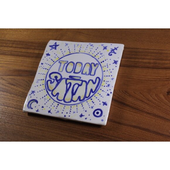 Today Satan Rude Studio Pottery Tile, Hand Made funny plant trivet surface cover - Picture 3 of 10